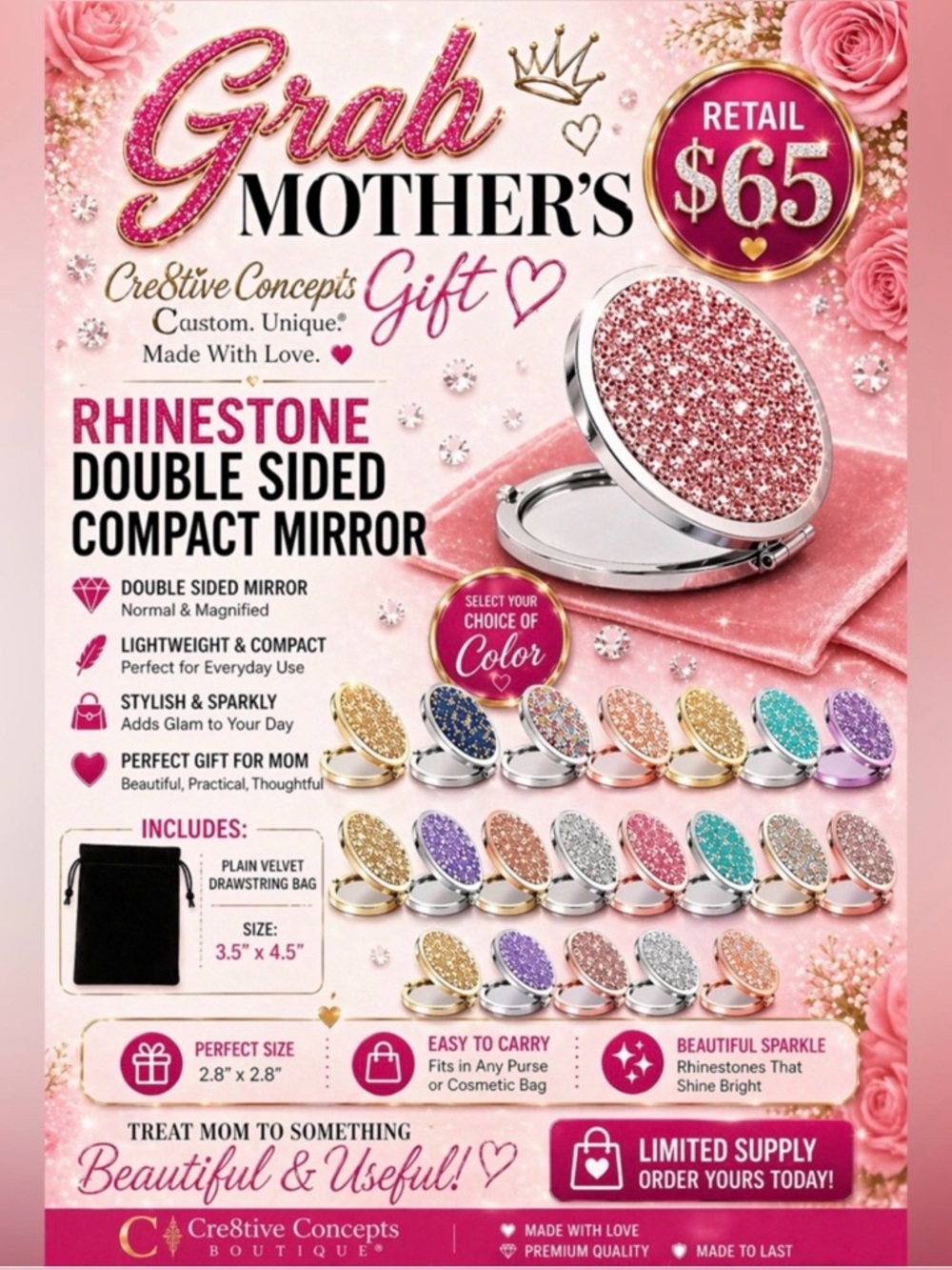 Elegant Double Sided Rhinestone compact mirrors w/Velvet Pouch